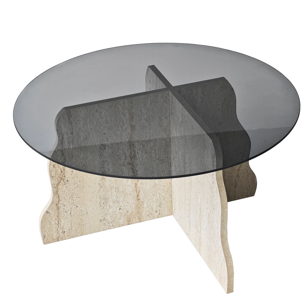 Butterfly Round Tempered Glass Top Coffee Table with Travertine Marble Effect Wooden Base