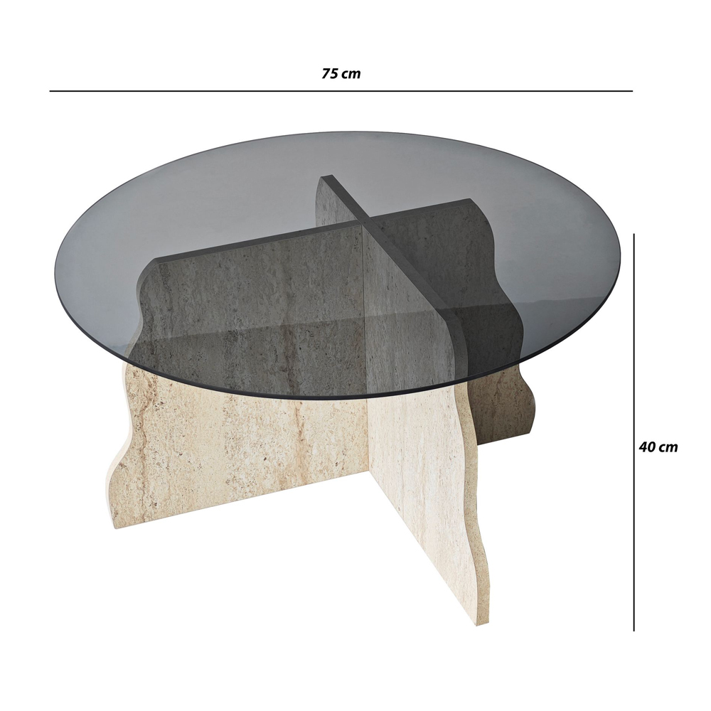 Butterfly Round Tempered Glass Top Coffee Table with Travertine Marble Effect Wooden Base