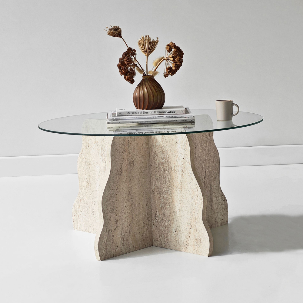 Butterfly Round Transparent Glass Top Coffee Table with Travertine Marble Effect Wooden Base