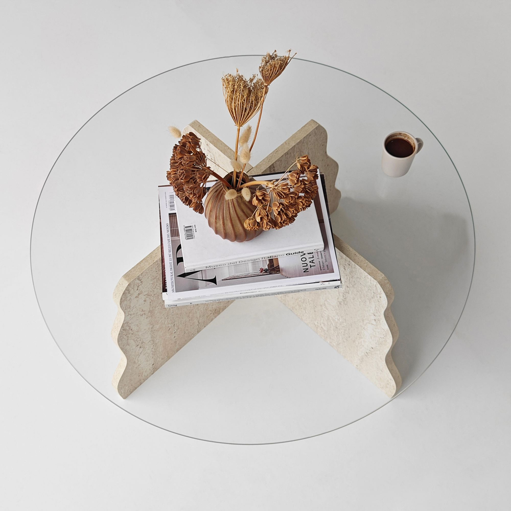 Butterfly Round Transparent Glass Top Coffee Table with Travertine Marble Effect Wooden Base