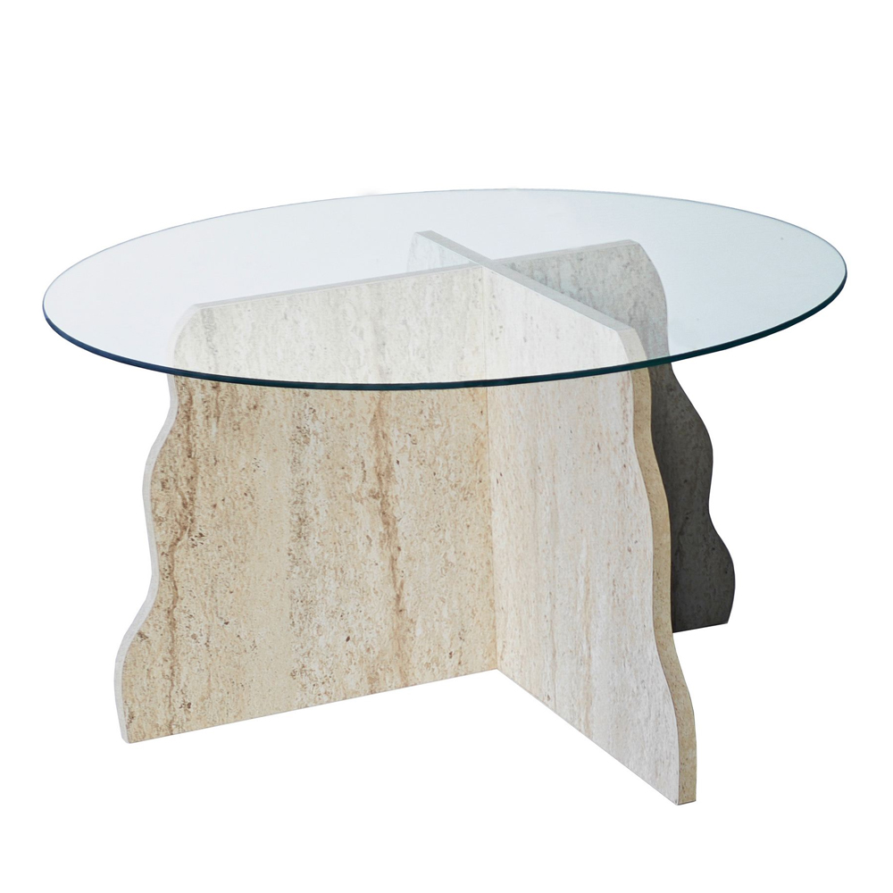 Butterfly Round Transparent Glass Top Coffee Table with Travertine Marble Effect Wooden Base