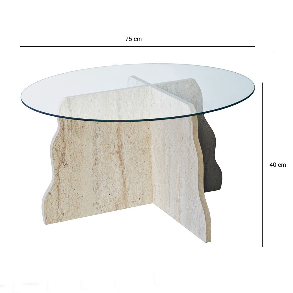 Butterfly Round Transparent Glass Top Coffee Table with Travertine Marble Effect Wooden Base