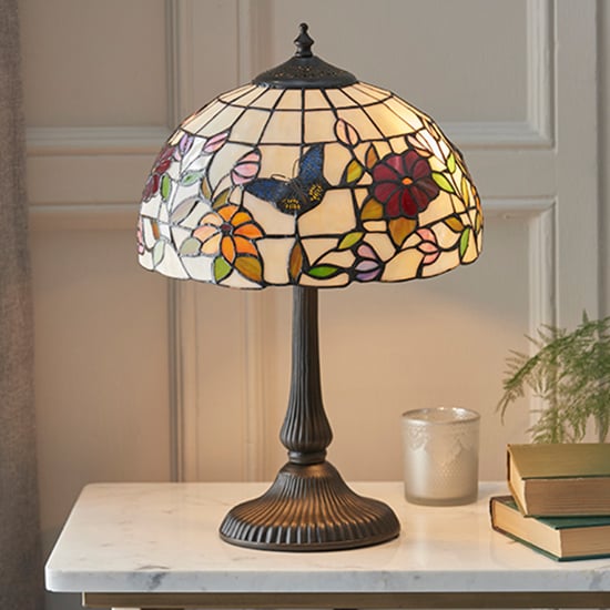 Photo of Butterfly small tiffany art glass table lamp in dark bronze