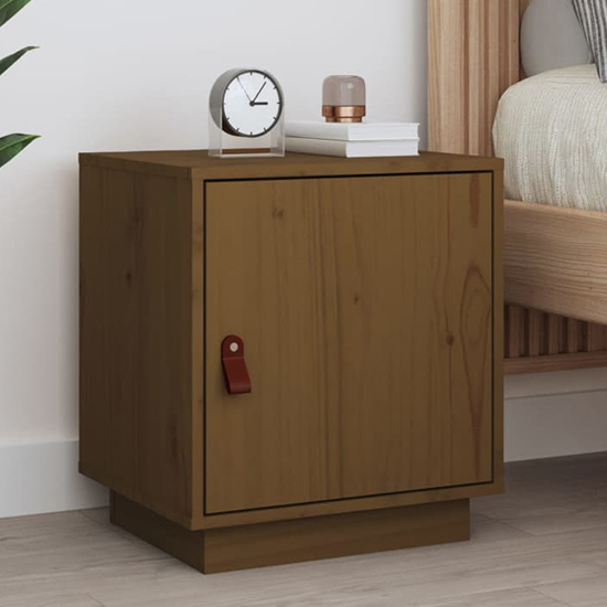 Photo of Byrne pinewood bedside cabinet with 1 door in honey brown