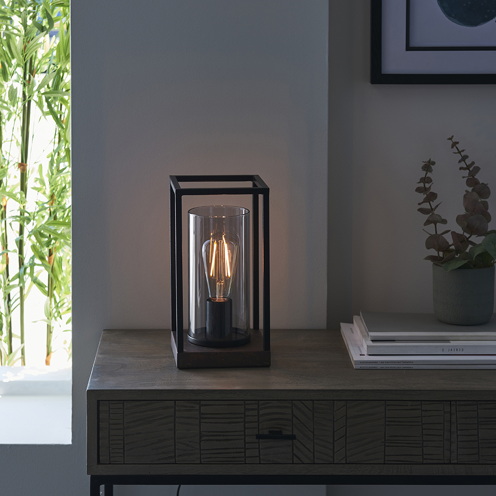Read more about Cabazon grey tinted glass table lamp in black and bronze