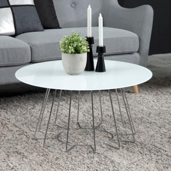 Product photograph of Cabazon Round Glass Coffee Table In White With Chrome Base from Furniture in Fashion