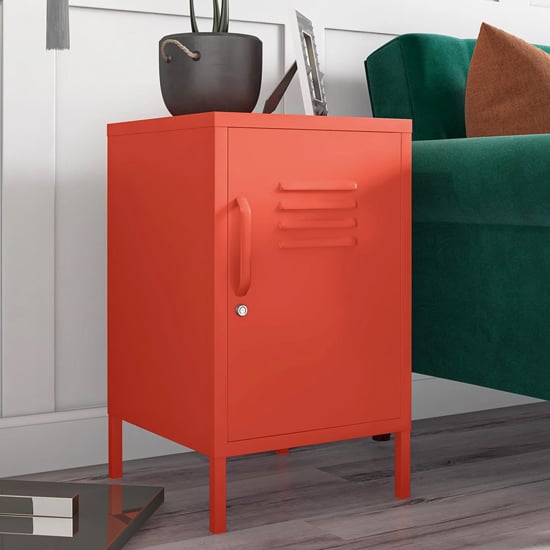 Photo of Caches metal locker end table with 1 door in orange