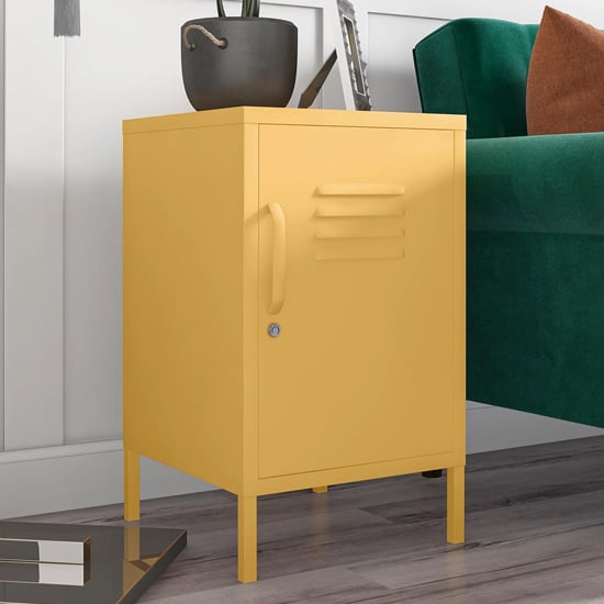 Read more about Caches metal locker end table with 1 door in yellow