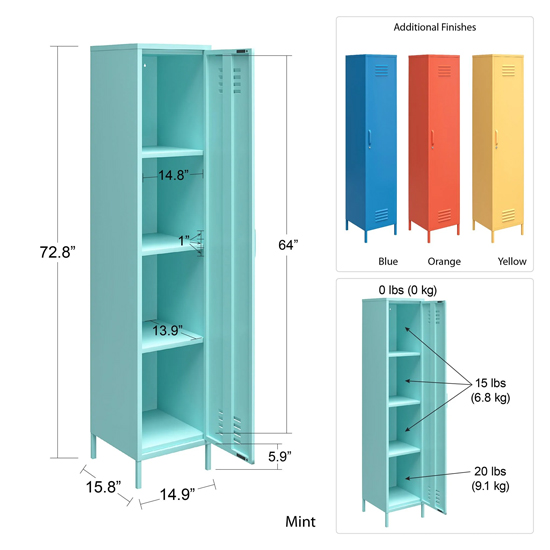 Cerritos Metal Wardrobe With 1 Door In Spearmint