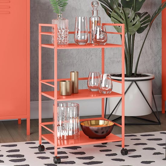 Product photograph of Caches Metal Rolling Drinks Trolley With 3 Shelves In Orange from Furniture in Fashion