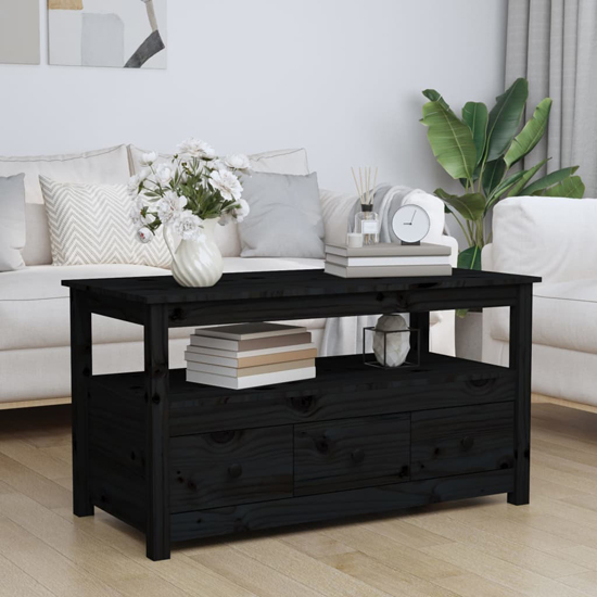 Read more about Cadell pine wood coffee table with 3 drawers in black