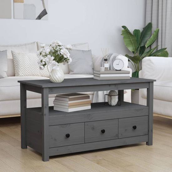 Read more about Cadell pine wood coffee table with 3 drawers in grey