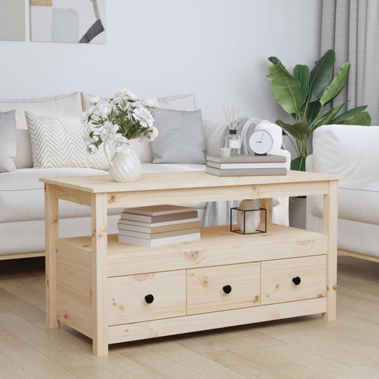 Read more about Cadell pine wood coffee table with 3 drawers in natural