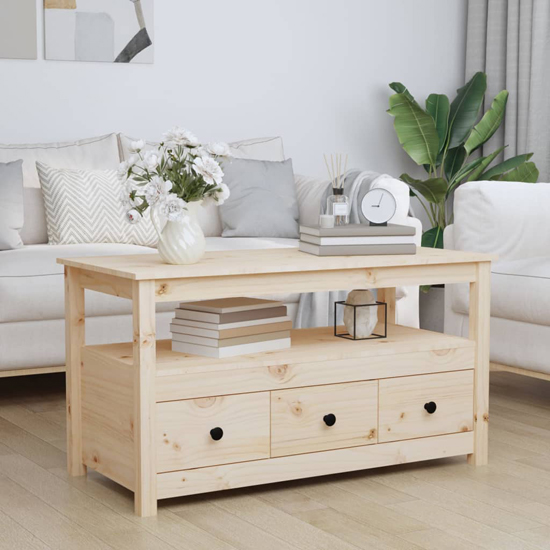cadell pine wood coffee table with 3 drawers in natural