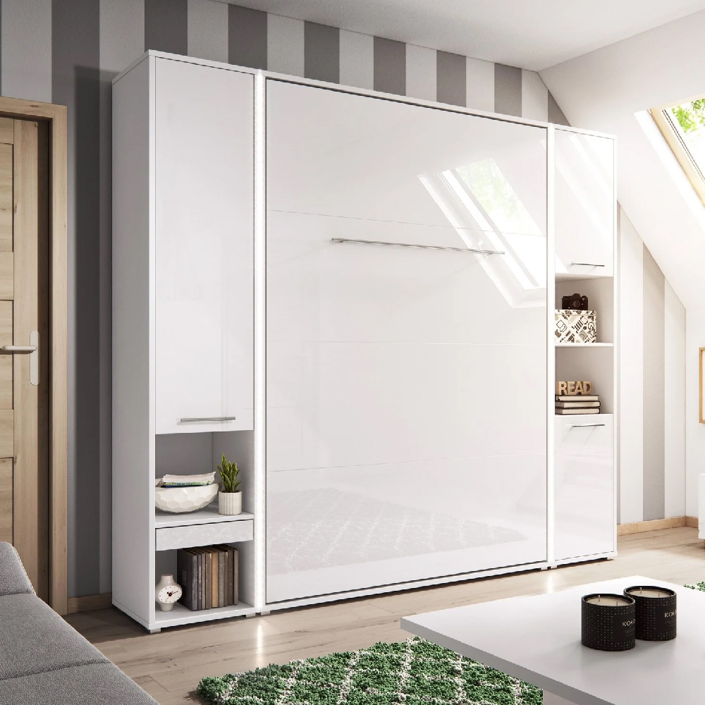 Cadott High Gloss Vertical Wall Small Double Bed In White And LED