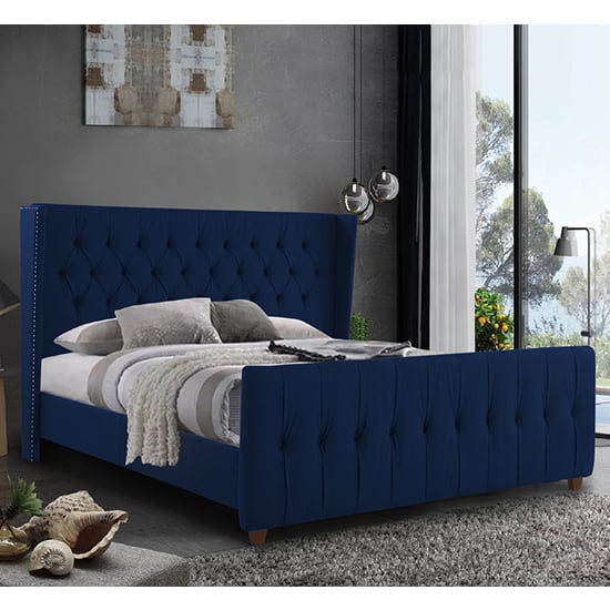 Cadott Plush Velvet Double Bed In Blue