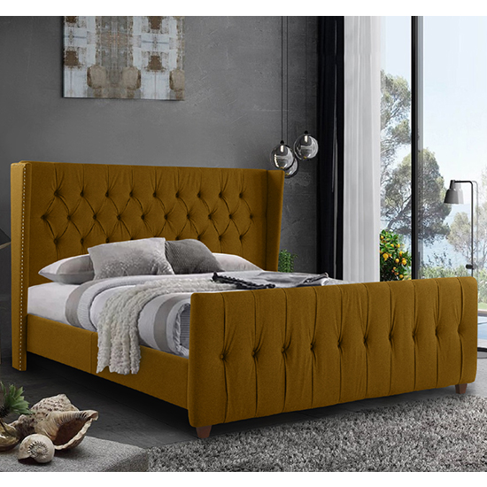 Cadott Plush Velvet King Size Bed In Mustard