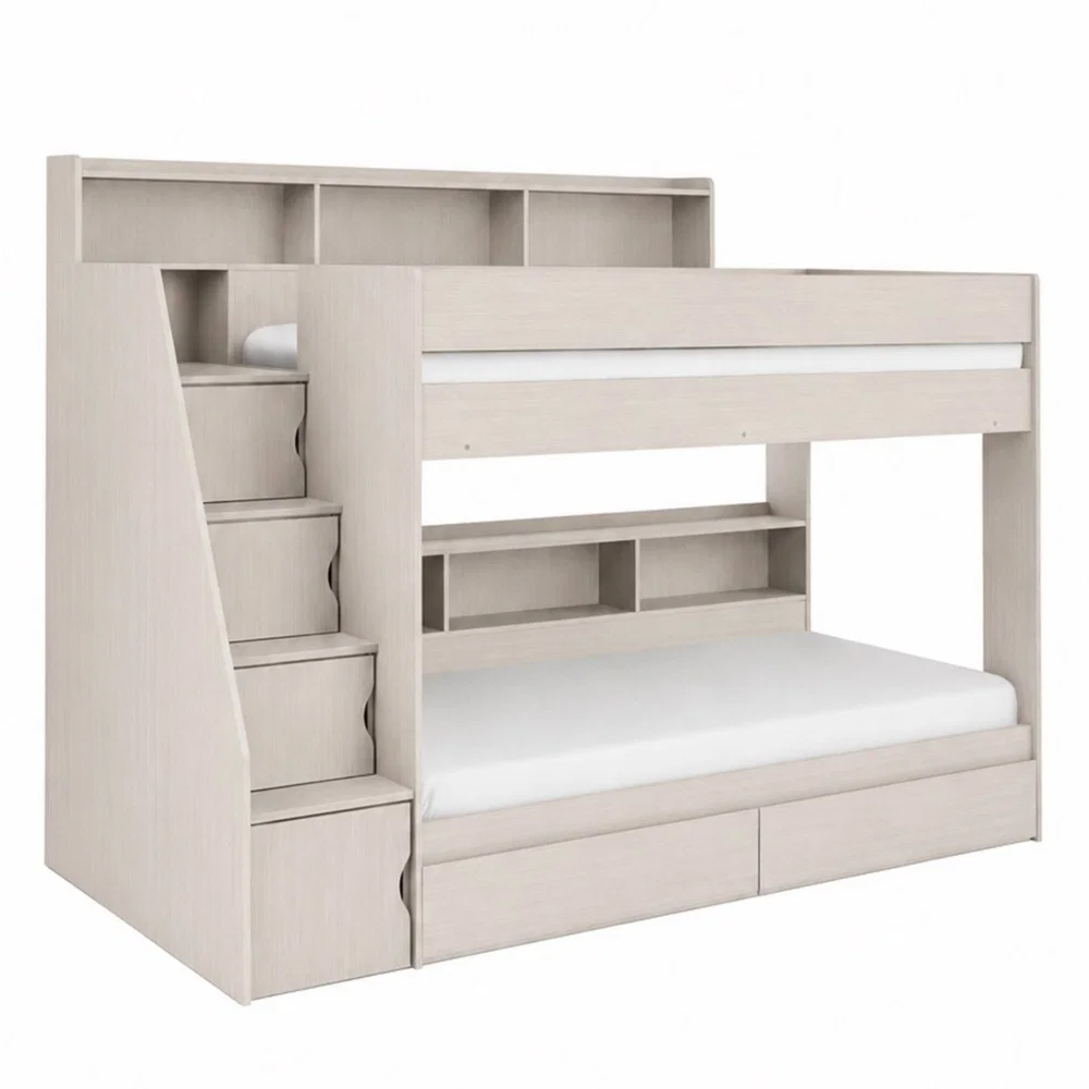 Cadott Wooden Bunk Bed with Stairs in White