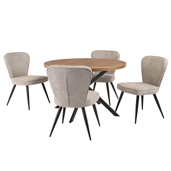 Read more about Cadott wooden dining table round with 4 finn grey chairs