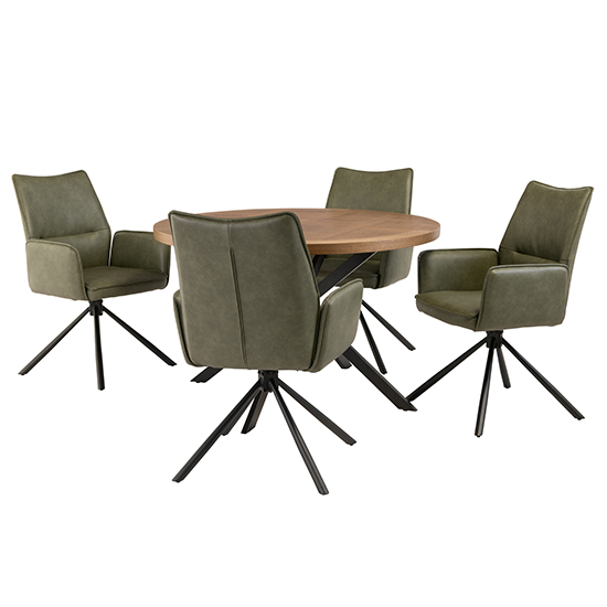 Read more about Cadott wooden dining table round with 4 galena green chairs