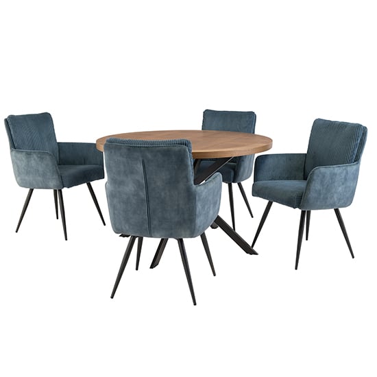 Cadott Wooden Dining Table Round With 4 Lewes Blue Chairs