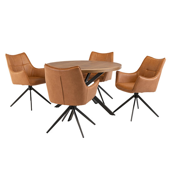 Cadott Wooden Dining Table Round With 4 Vernon Tan Chairs
