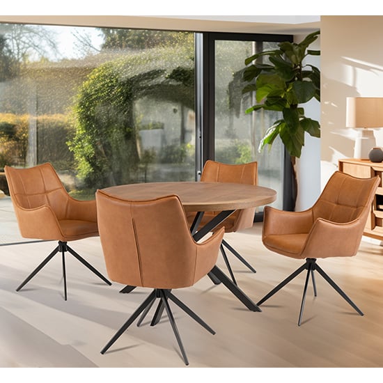 Read more about Cadott wooden dining table round with 4 vernon tan chairs