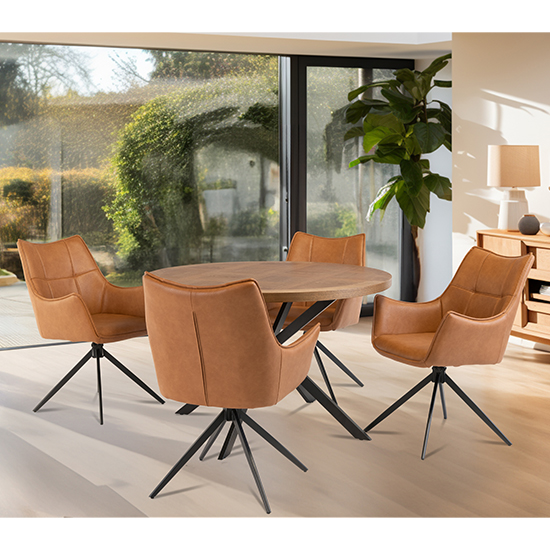 Cadott Wooden Dining Table Round In Medium Oak Veneer