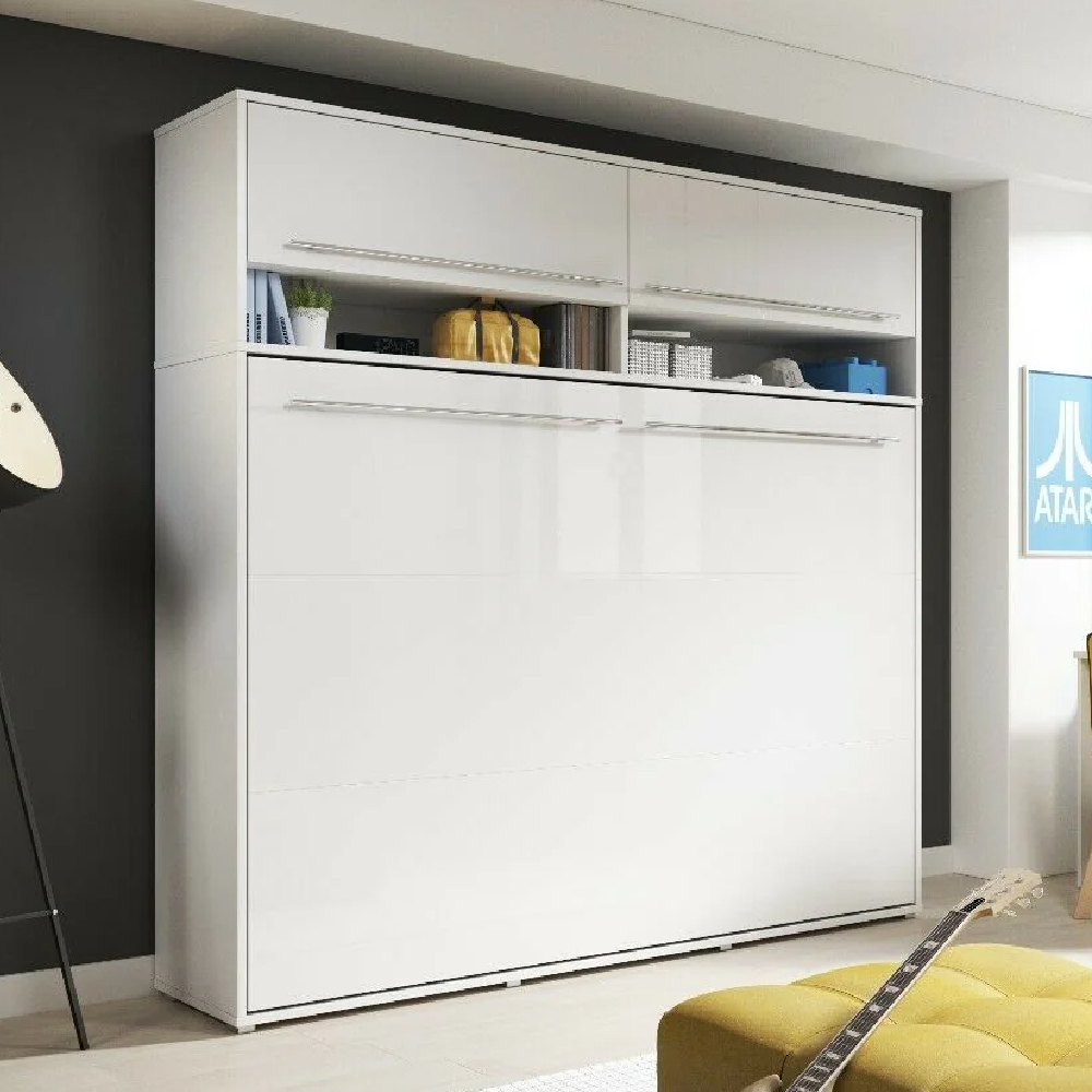 Cadott Wooden Horizontal Wall Double Bed In Matt White And LED
