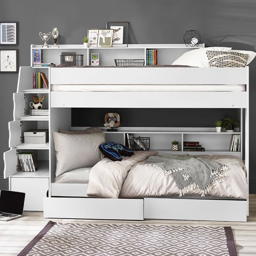 Read more about Cadott wooden staircase bunk bed with 2 drawer in white
