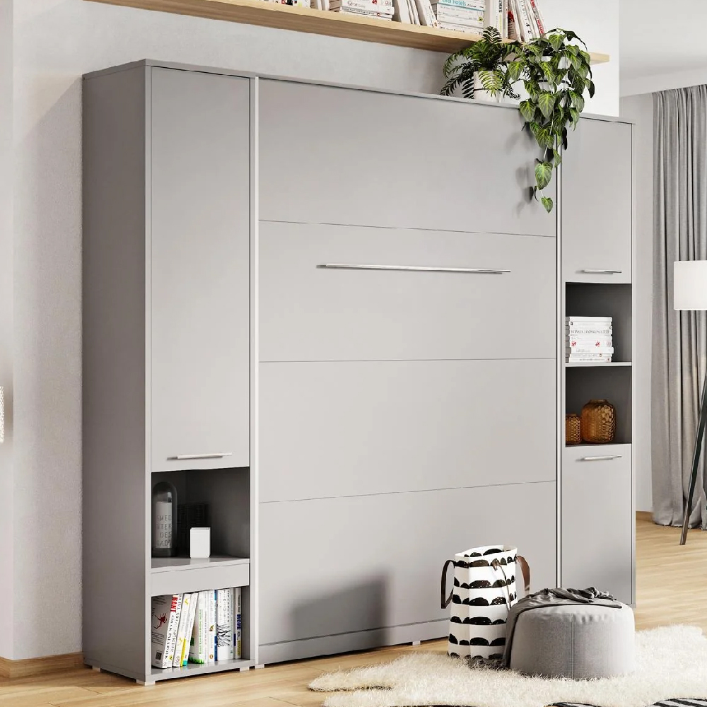 Cadott Wooden Vertical Wall Single Bed In Matt Grey And LED