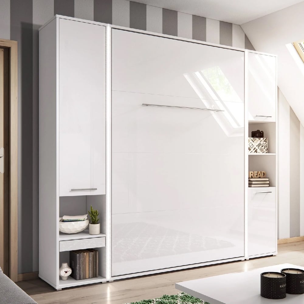Cadott Wooden Vertical Wall Single Bed In Matt White And LED