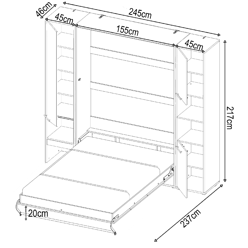 Cadott Wooden Vertical Wall Double Bed In Grey And LED