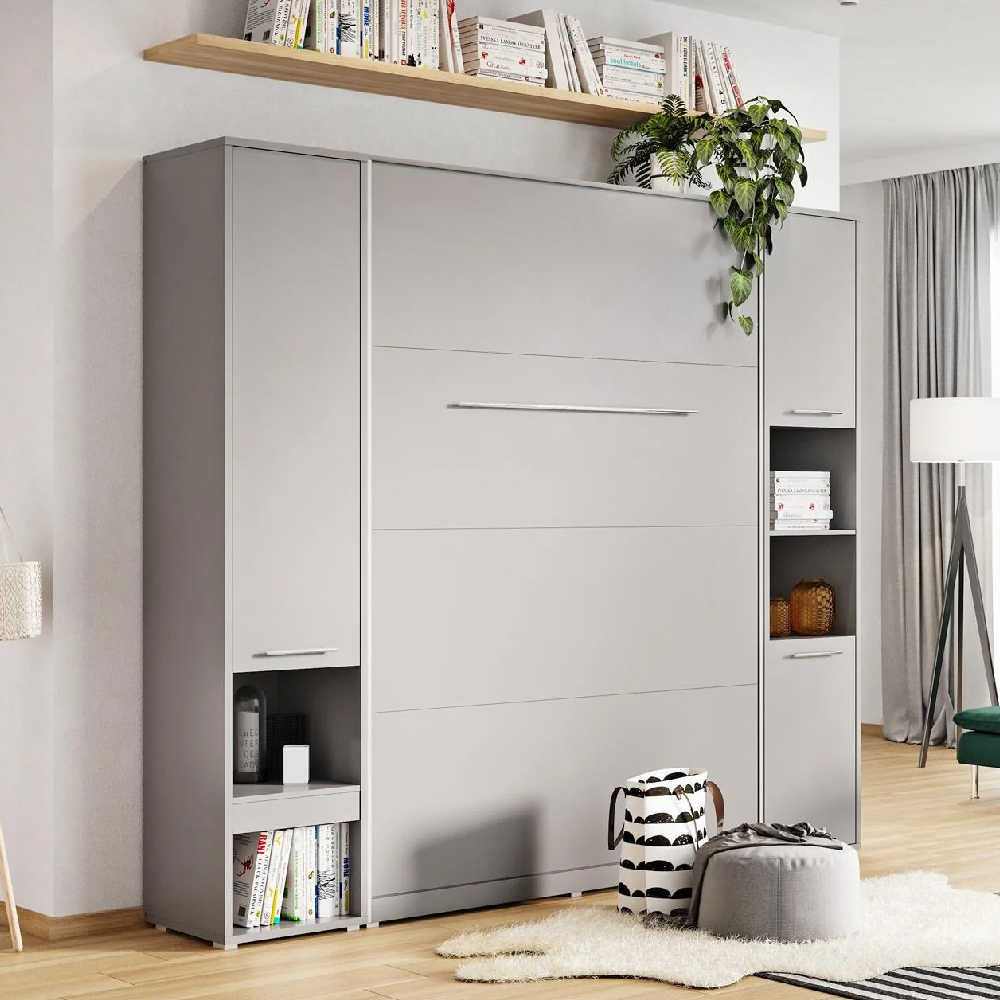 Cadott Wooden Vertical Wall Small Double Bed In Grey And LED