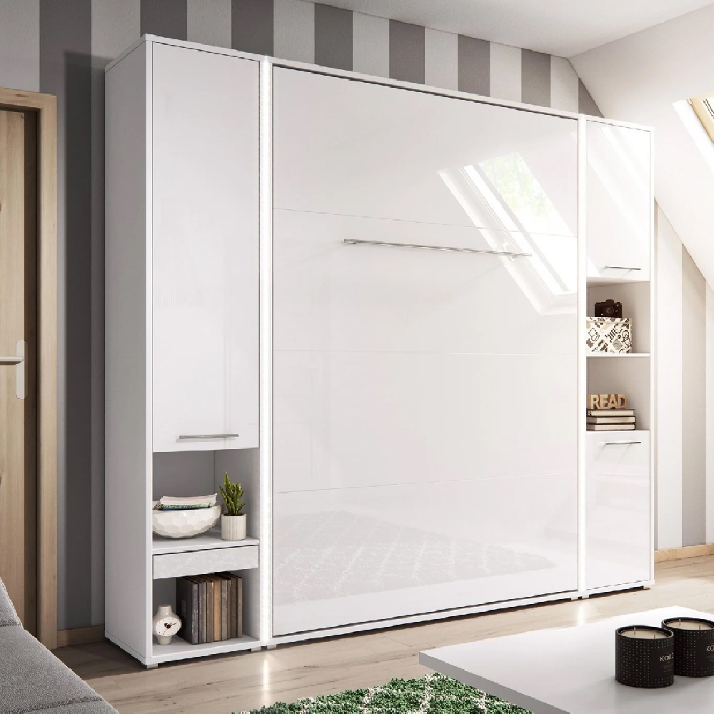 Cadott Wooden Vertical Wall Double Bed In White And LED