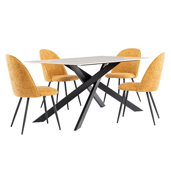 Photo of Caelan 160cm kass marble dining table 4 raisa yellow chairs