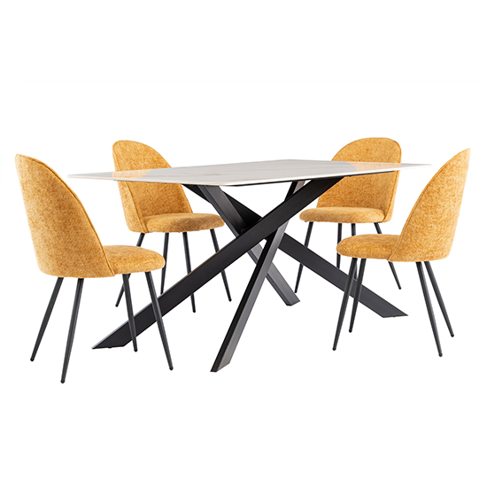 Caelan 160cm Marble Dining Table In Kass Gold With Black Legs