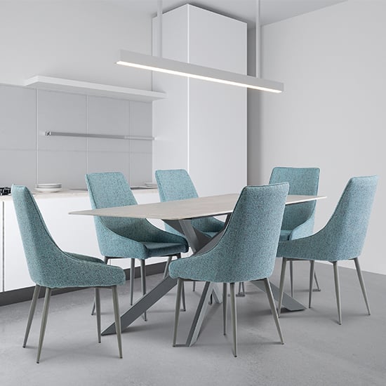 Photo of Caelan 200cm matt grey marble dining table 6 remika teal chairs