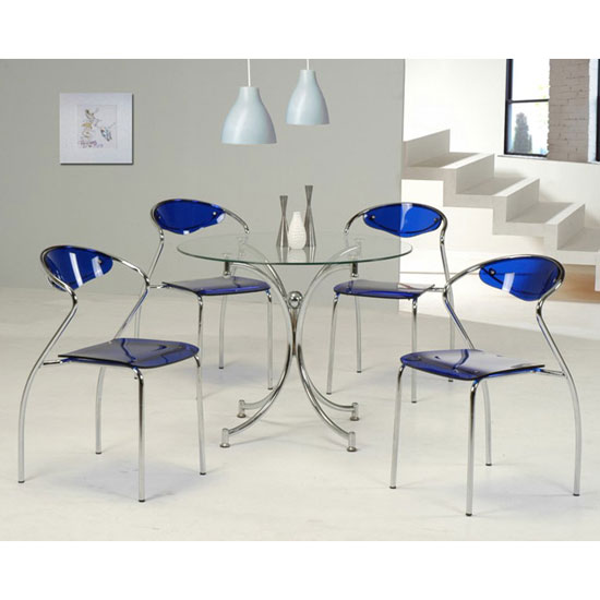Jenny Glass Dining Table With 4 Blue Dining Chairs 6679