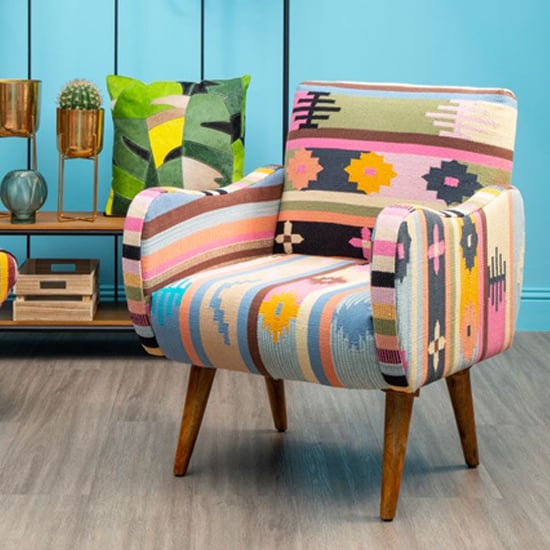 Photo of Cafenos fabric bedroom chair with wooden legs in multicolor
