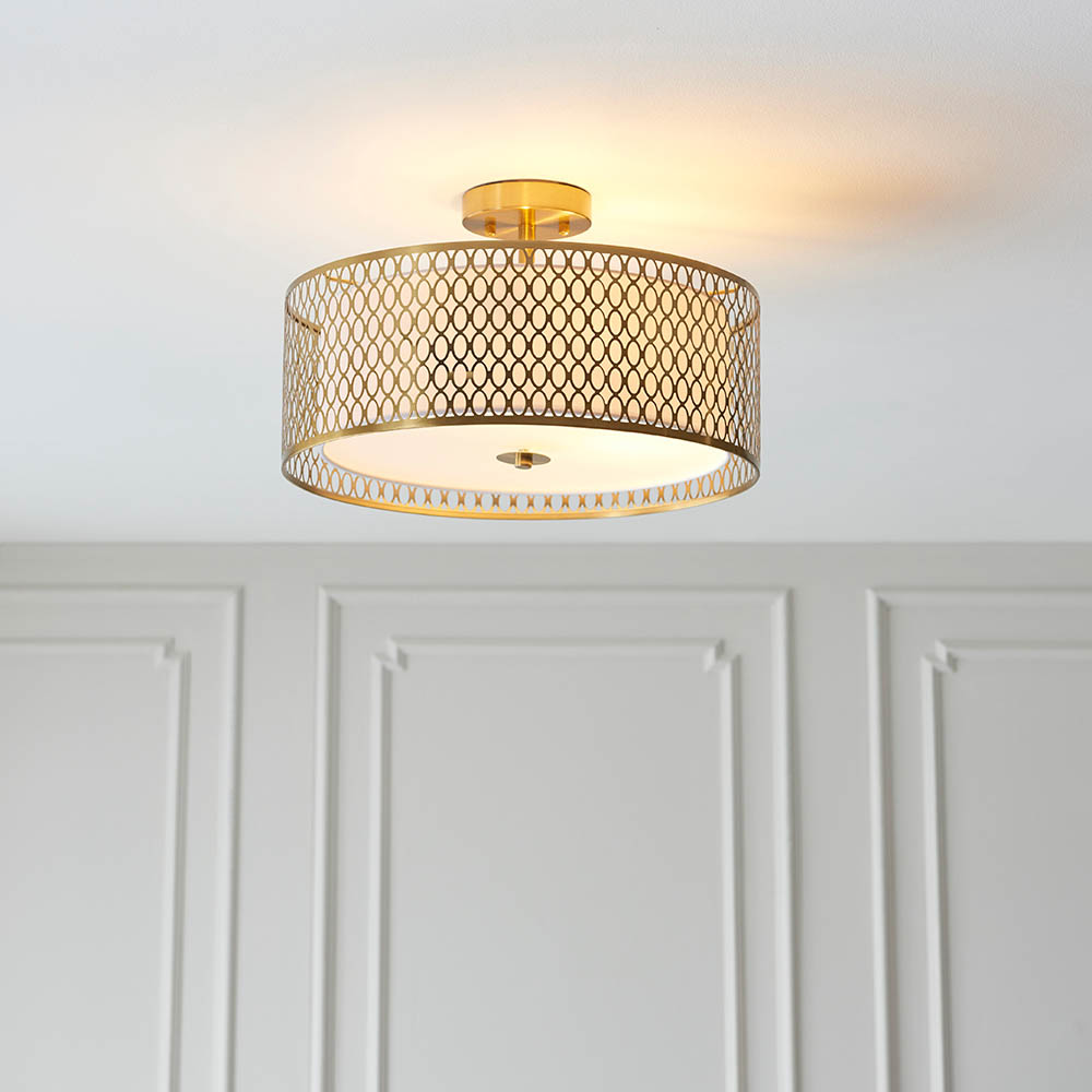 Cagney 3 Light White Fabric Shade Flush Light In Gold