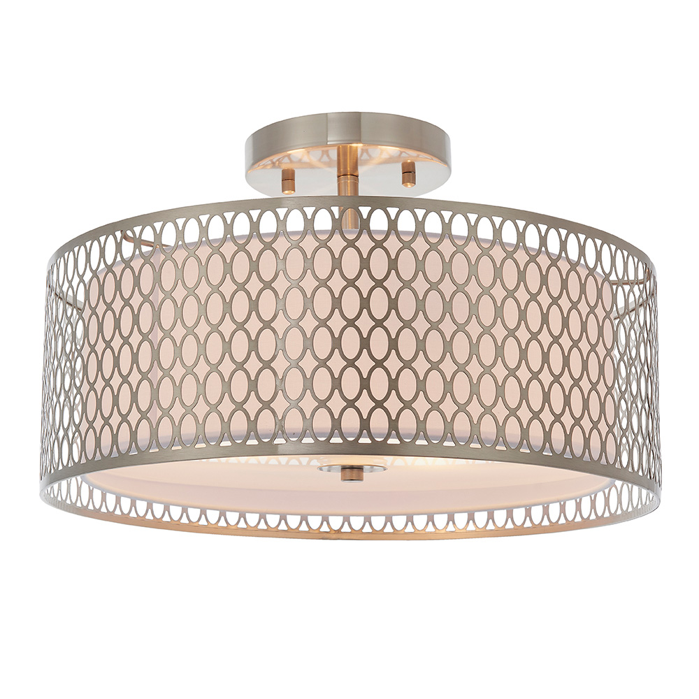 Cagney 3 Light White Fabric Shade Flush Light In Satin Nickel