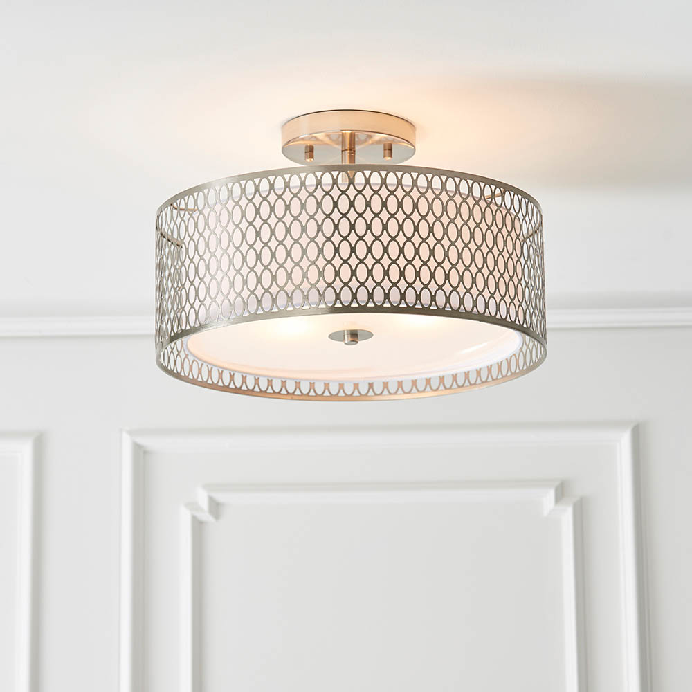 Read more about Cagney 3 light white fabric shade flush light in satin nickel
