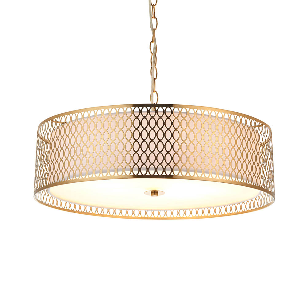 Cagney 3 Light White Fabric Shade Pendant Light In Gold