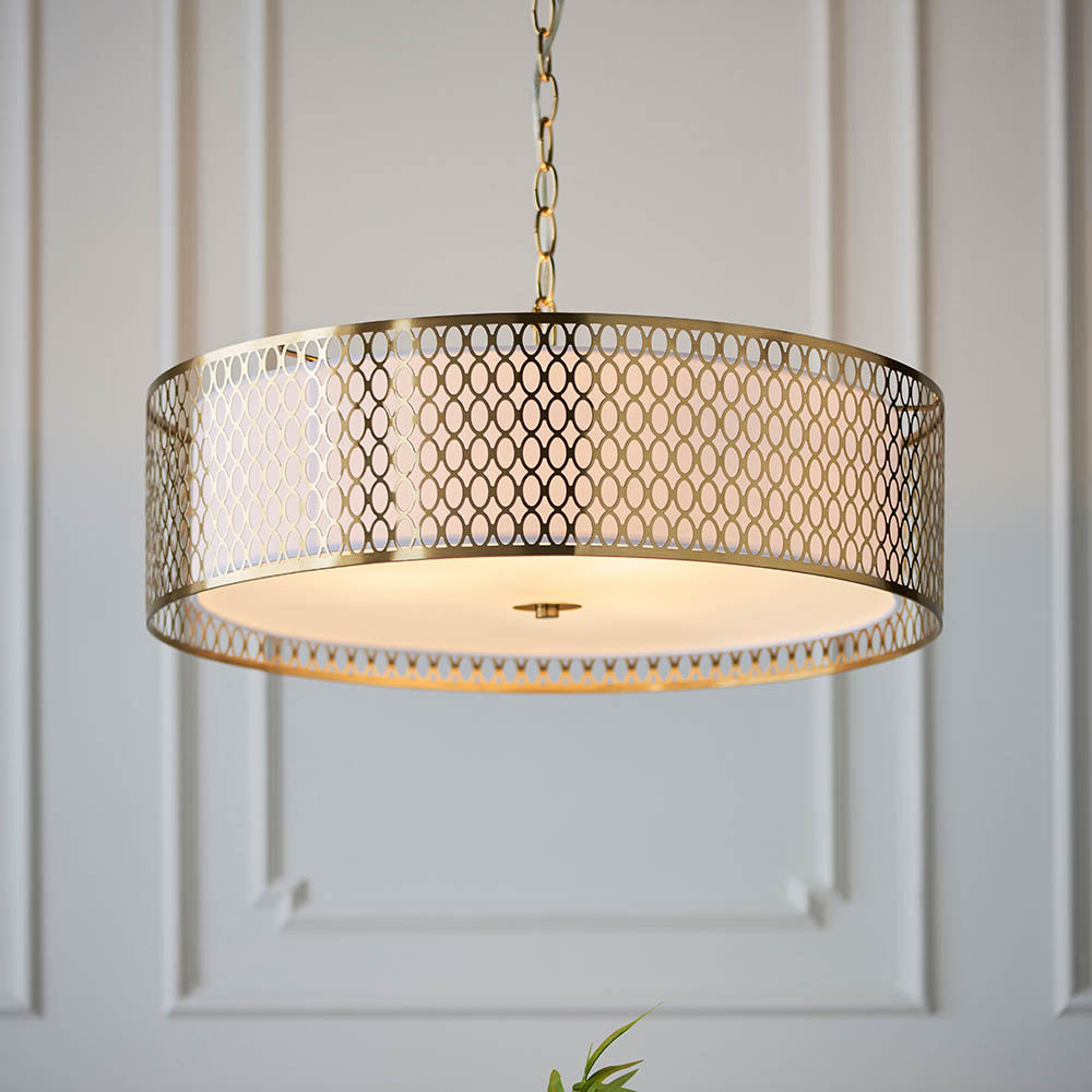 Read more about Cagney 3 light white fabric shade pendant light in gold