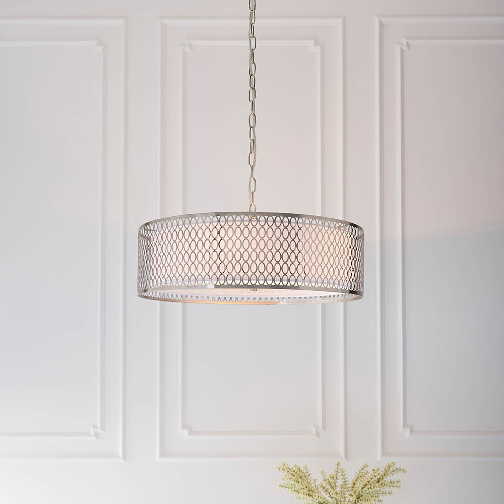 Read more about Cagney 3 light white fabric shade pendant light in satin nickel