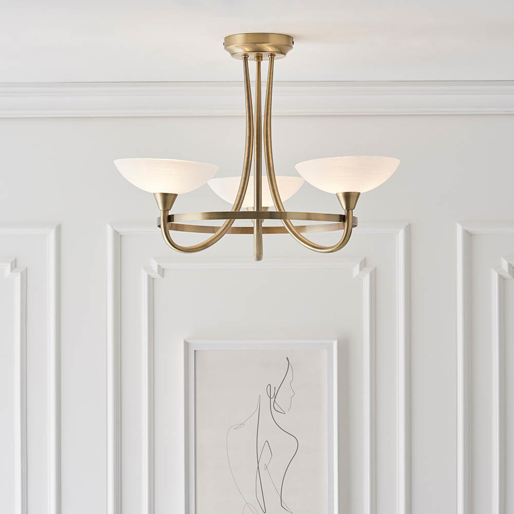 Cagney 3 Light White Glass Shade Flush Light In Antique Brass