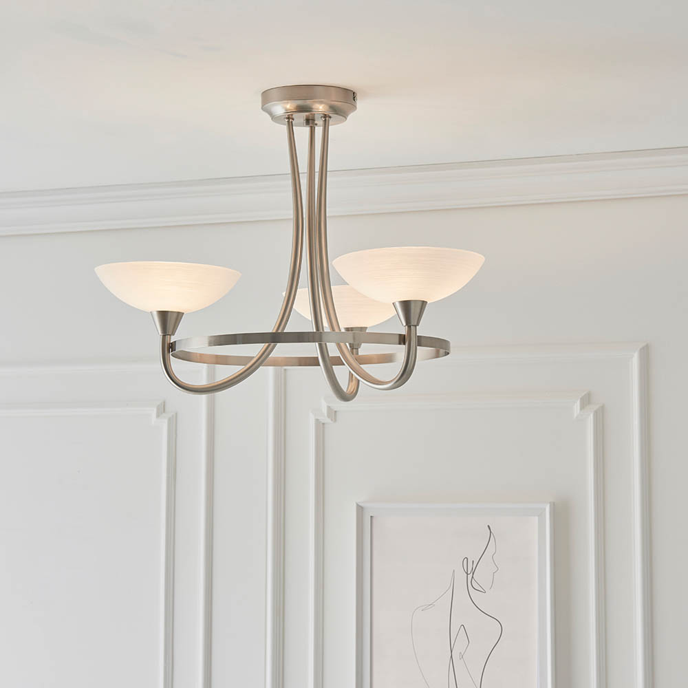 Read more about Cagney 3 light white glass shade flush light in satin chrome