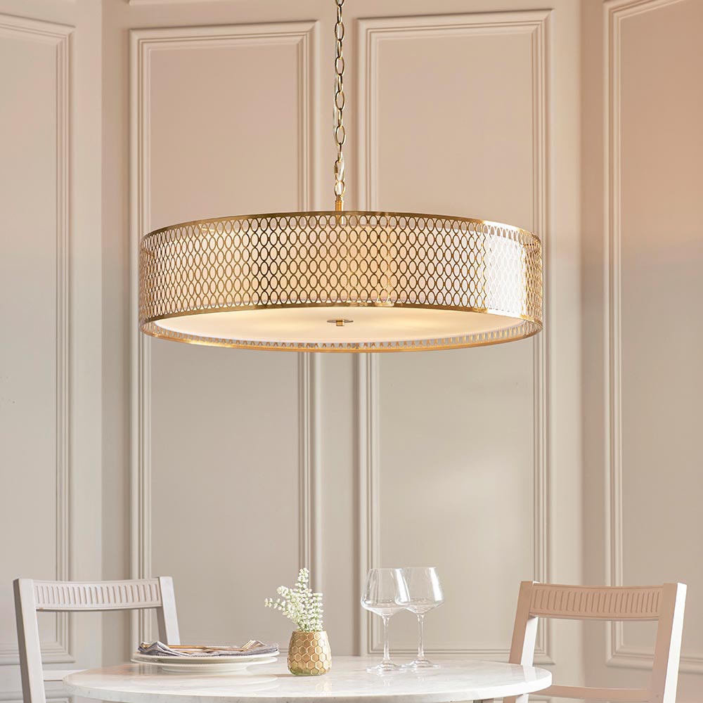 Cagney 5 Light White Fabric Shade Pendant Light In Gold