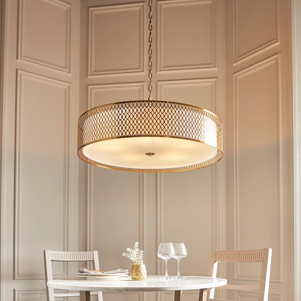 Cagney 5 Light White Fabric Shade Pendant Light In Gold